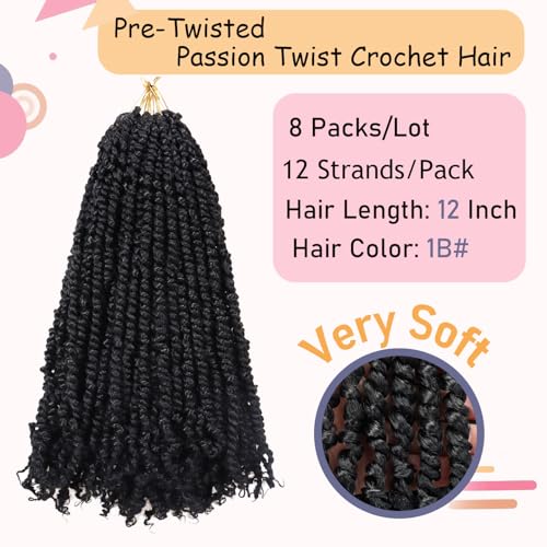 8 Packs Passion Twist Hair 12 Inch Pre-twisted Passion Twist Crochet Hair Pre-looped Crochet Braids Hair for Women Passion Twists Braiding Hair Synthetic Hair Extensions (12Strands/Pack; 1B#)