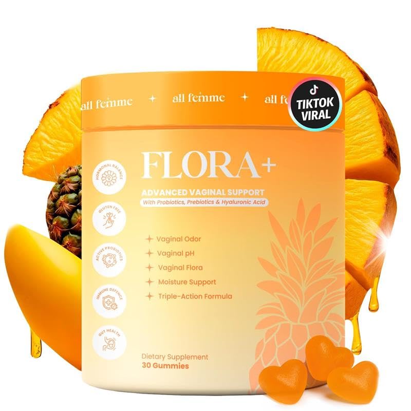 ALLFEMME Flora+ Women’s Vaginal Probiotic Gummies for pH Balance, Odor and Freshness Support with Prebiotics & Hyaluronic Acid, Sugar Free Pineapple, Vegan Non-GMO | 30 Gummies