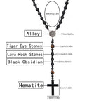Rosary Necklace for Men, Black Catholic Rosary, Lava Rock Tiger Eye Beads Cross Necklace, Rosarios Catolicos Para Hombre (B)