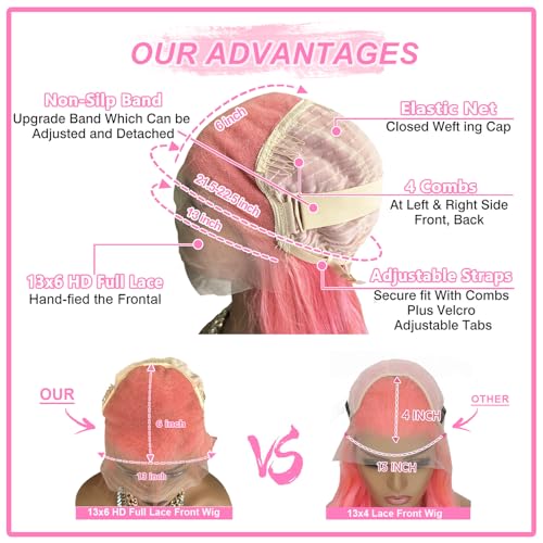 Pink Lace Front Wigs Human Hair 13x6 Body Wave Lace Front Wig Human Hair Pre Plucked 180% Density Hot Pink Hd Full Lace Frontal Wig Wear and Go Glueless Pink Wig Human Hair For Women 20 Inch