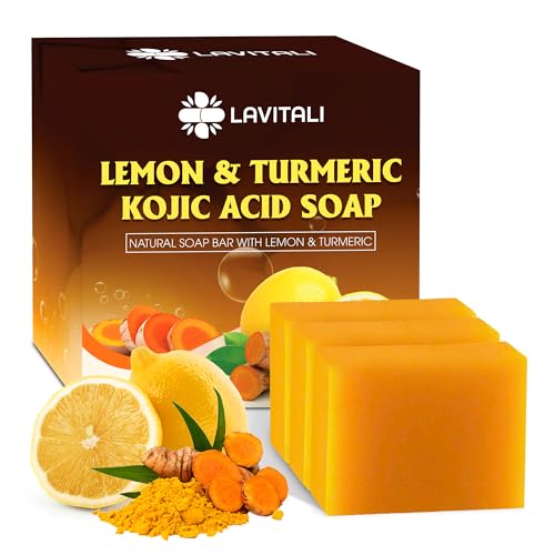 Lemon Turmeric Kojic Acid Soap, Natural soap, Handmade, Sugar/Caffeine/Gluten Free, 100% Natural & Pure from Lemon and Turmeric, Deep Cleansing for All Skin Types Body Care Body Wash 3 Bars
