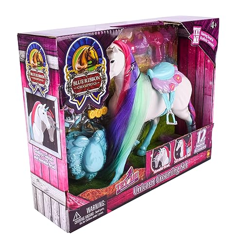 Sunny Days Entertainment Blue Ribbon Champions Fantasy Unicorn Grooming Set, Fantasy Toy Horse with Sounds and 12 Accessories, 4+