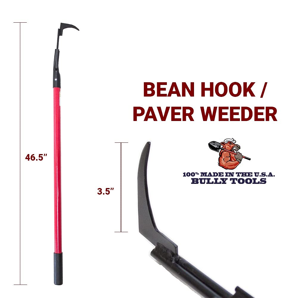 BULLY TOOLS Bean Hook/Paver Weeder - 7-Gauge Heavy-Duty Steel with Fiberglass Handle, Rubber Grip for Comfort, Rust-Resistant, Ideal for Pavers, Cracks and Weed Removal - 100% Made in The USA, 46.5"