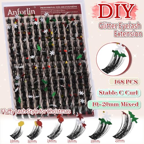 Glitter Lashes Glitter Lash Clusters 10-20mm Cluster Eyelash Extensions 168Pcs Fluffy Lash Clusters C Curl Individual Lashes for New Year Christmas Halloween Cosplay Party False Eyelashes, by Anforlin