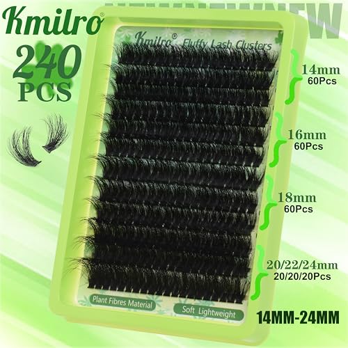 Fluffy Lash Clusters Kit 14-24mm Thick Long Cluster Eyelash Extensions Kit 180D D Curl Volume DIY Lash Extension 240pcs Soft Wispy Individual Lashes Kit with Bond and Seal Lash Tweezers, by Kmilro