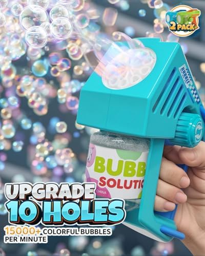 Bubble Gun 2 Packs for Kids, Automatic Bubble Machine with 2 Bottles &25 Bags Refill Solution, Bubble Maker Gifts for Kids, Outdoor Game Toys for Boys&Girls Ages 3+ (Blue&Green(10-Hole))