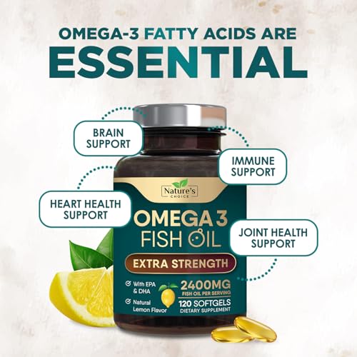 Omega 3 Fish Oil Supplements - 2400mg Fish Oil Per Serving - Triple Strength Omega-3 with Fatty Acids EPA & DHA - Natural Heart, Brain & Immune Support - Wild Caught, Bottled in USA - 120 Softgels