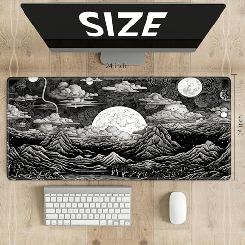 for MTG Playmat TCG Board Game Mat Plus 50 Pcs Card Sleeves, 24 x 14 Table Mats Black and White Landscape Game Mousepad with Soft Surface Non-Slip Base for MTG Trading Card Game Playmats