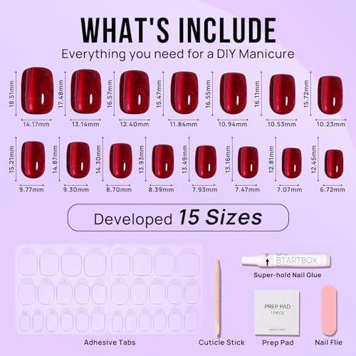 BTArtbox Press On Nails Red - Cat Eye Press On Nails Square for Gifts,Cherry Short Stick On Nails with Glue, Glossy Reusable Nail Tips in 15 Sizes - 30 Soft Gel Fake Nails Kit, Hot Love