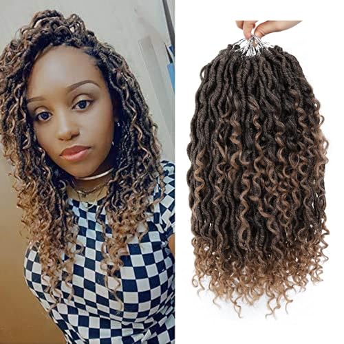6packs Curly Faux Locs Crochet Hair 14 Inch Ombre Blonde River Goddess Locs Crochet Braids for Black Women Boho Styles Pre Loop Crochet Locs with Curly Hair in Middle Synthetic Bohemian Curls #T27