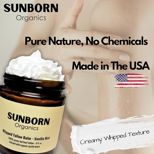 Pure Whipped Tallow Balm | 100% Organic Grass-Fed Beef Tallow Face Moisturizer & Lip Balm (4oz, Vanilla Hint)