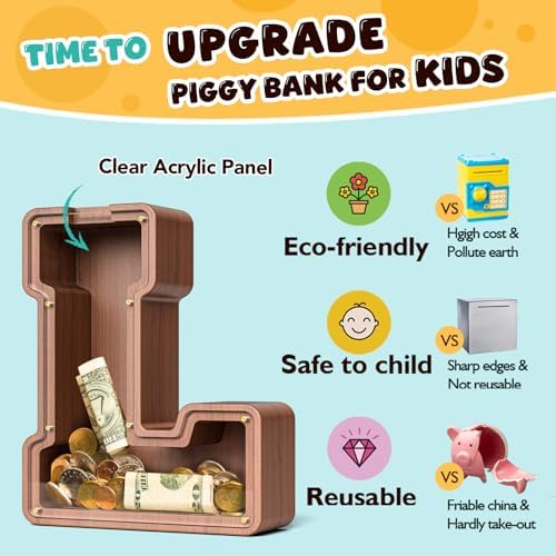 Summidate Wooden Letter Piggy Bank, Extra Thick Large Capacity Piggy Bank for Kids Boys Girls Toddler, Alphabet L Money Bank| Coin Box Birthday, Christmas, Festival
