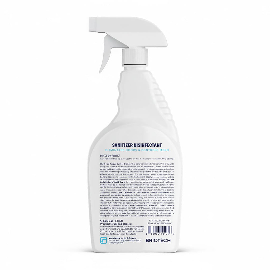BRIOTECH Sanitizer Disinfectant Hypochlorous Spray, Kills 99.99% of Viruses & Bacteria, Eliminates Odor, Gentle for Nurseries & Play Rooms, Rinse Free Surface Sanitizer, 32 fl oz (Pack of 2)