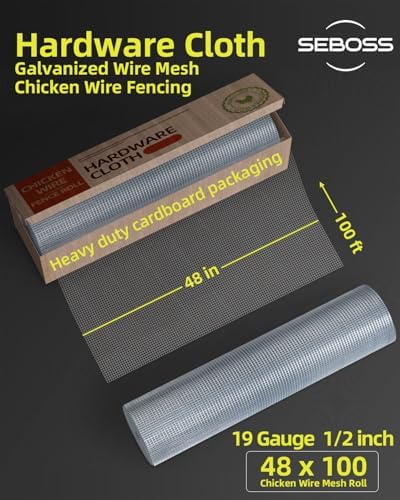SEBOSS Hardware Cloth 1/2 inch 48 x 100 Ft 19-Gauge, Hot-dip Galvanized After Welding, Chicken Wire Fencing Wire Mesh Roll Rat Wire Gopher Mesh