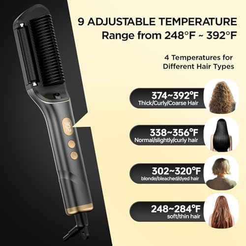 Hair Straightener Brush, Negative Ion Flat Iron & Straightening Comb 2 in 1 with Convenient Comb, Fast Heating, Anti-Scalding, 30s Fast Heating, 5 Temp Settings 284℉ - 392℉ (Gold Gray)
