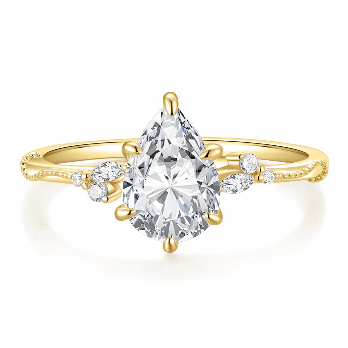 EAMTI 2CT Engagement Rings Pear Cut Wedding Teardrop Bridal Halo Nature Inspired Rings Cubic Zirconia Promise Bands for Women Travel Band 14K Gold Plated Size 7