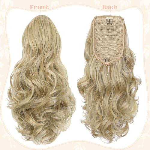 FELENDY 15" Ponytail Extension Drawstring Curly Wavy Ponytail Extensions Clip in Long Pony Tails Hair Cute Synthetic Piece for Women Light Blonde Mix Bleach Blonde