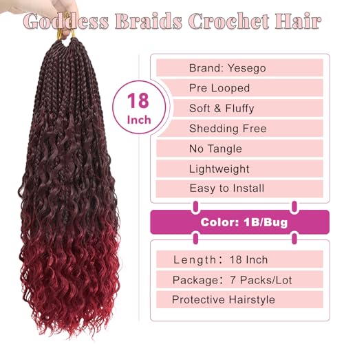 Boho Box Braids Crochet Hair for Women 18 Inch 7 Packs Red Burgundy Goddess Box Braids with Curly Ends Short Crochet Braids Pre Looped Bohemian Braiding Hair Extensions, 1B/Bug