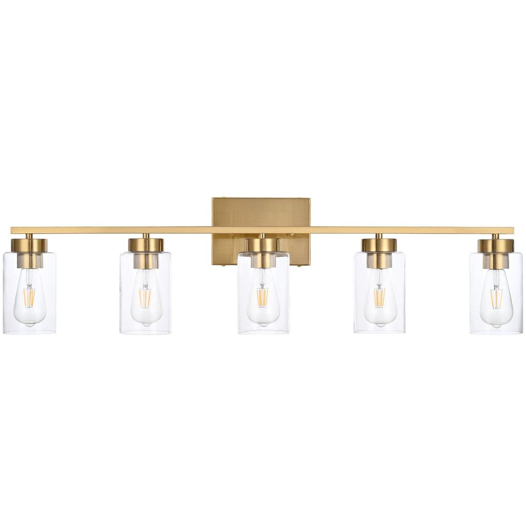 A1A9 5 Light Bathroom Vanity Light Fixtures, Brushed Brass Modern Wall Lights with Clear Glass Shade, Vintage Wall Sconce Lighting for Living Room, Mirror, Bedroom, Hallway (Gold, 5-Lights)