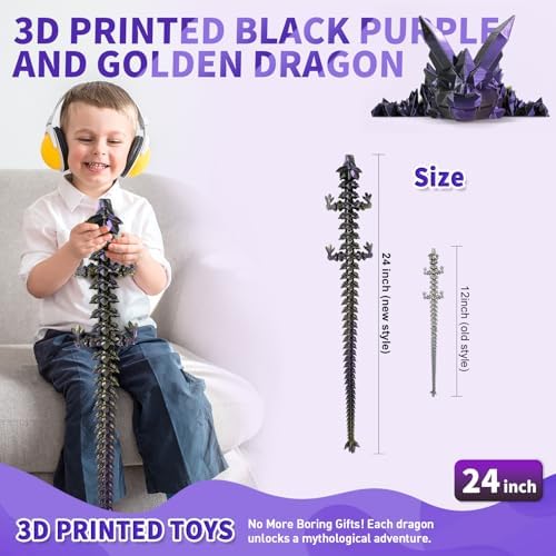 Large 3D Printed Dragon,24 Inch 3D Dragon Toys,Bigger Fidget Crystal Animals Toys, 3D Printed Articulated Animals for Home Office Car Desk Decor （Black Purple Gold）