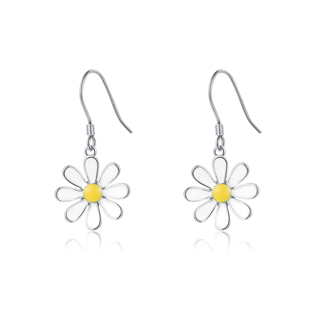 SLUYNZ 925 Sterling Silver White Flower Dangle Earrings for Women Teen Girls Daisy Flower Drop Earrings Summer Spring (A-SILVER)