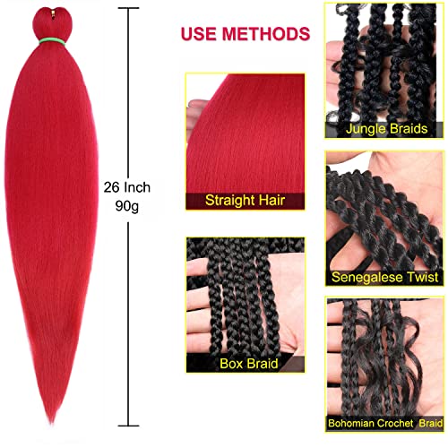 Leeven 26 Inch Red Pre Stretched Braiding Hair 8 Pack Braiding Hair Blue Braiding Hair Extensions For Braiding Crochet Hair (Red#)