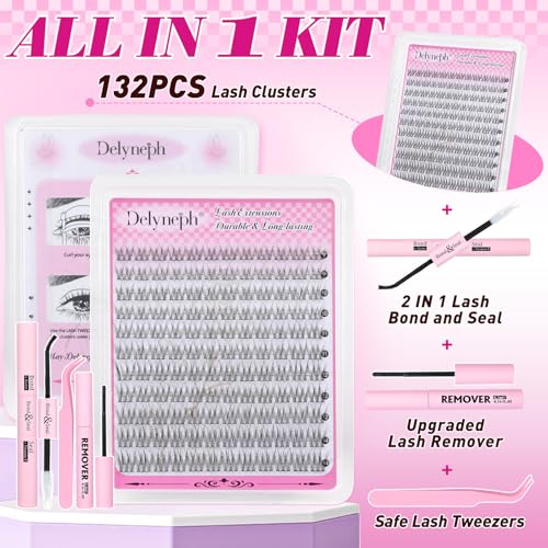 Natural Lash Clusters Kit Wispy 9-14MM Cluster Eyelash Extensions C Curl Eyelash Clusters Thin Band Individual Lashes DIY Lash Extension Kit with Lash Remover for Self Application by Delyneph