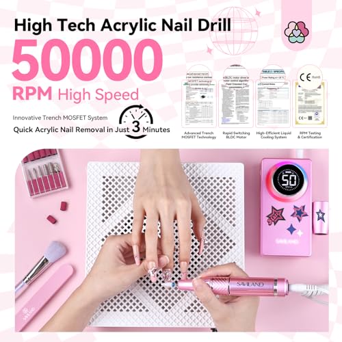 SAVILAND Powerful Electric Nail Drill Professional: 50000RPM Nail Filer Electric Nail File Rechargeable Nail Drill Kit Portable Nail Efile 2 Ceramic Bit 2 Sticker for Fast Remove Acrylic Nail