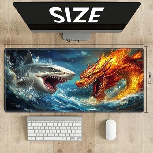 Playmats for Magic: The Gathering MTG Card Game Mat Plus 50 Pcs Card Sleeves, 24 x 14 inch TCG Mat with Stitched Edge for Commander Deck Duskmourn Board Game, Dragon and White Shark
