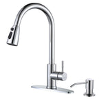 Chrome Kitchen Faucet with Soap Dispenser, WOWOW Stainless Steel Faucet for Kitchen Sink 2 or 4 Hole, High Arc Single Handle Pull Down Kitchen Faucet for Sink, RV, Laundry, Bar