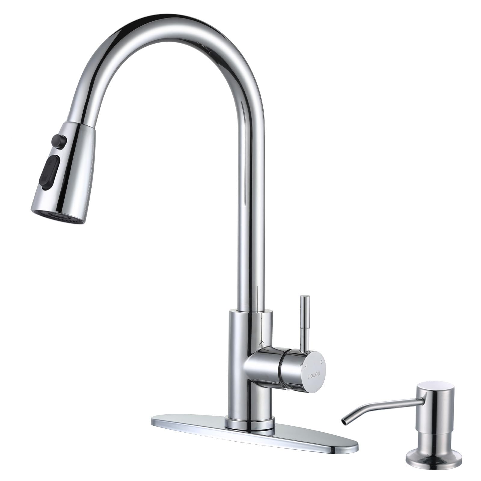 Chrome Kitchen Faucet with Soap Dispenser, WOWOW Stainless Steel Faucet for Kitchen Sink 2 or 4 Hole, High Arc Single Handle Pull Down Kitchen Faucet for Sink, RV, Laundry, Bar