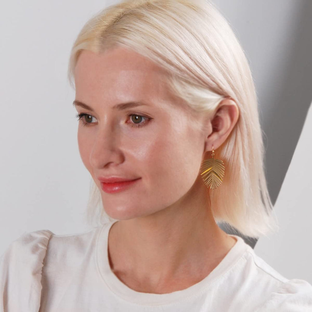 Gold Tone Leaf Earrings for Women - Bohemian Tropical Dangles, Palm Drops
