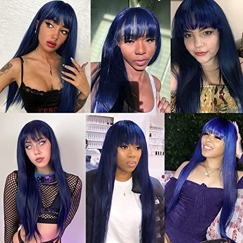 QD-Tizer Dark Blue Synthetic Hair Wigs with Full Bangs Blue Long Straight Women's Wig Heat Resistant Synthetic No Lace Wigs for Fashion Women 24 inch