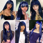 QD-Tizer Dark Blue Synthetic Hair Wigs with Full Bangs Blue Long Straight Women's Wig Heat Resistant Synthetic No Lace Wigs for Fashion Women 24 inch