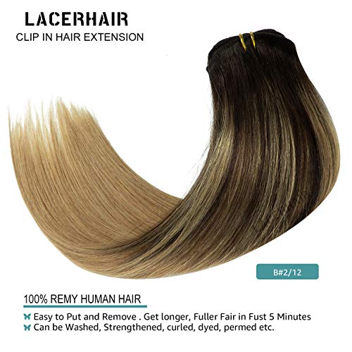 Lacer Balayage Clip in Hair Extensions B#2/12 Darkest Brown to Light Golden Brown Color Remy Human Hair Extensions Clip in Real Natural Hair Extensions Straight Thick 120g 16 Inch
