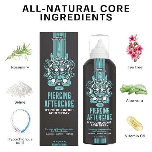 BASE LABORATORIES Hypochlorous Acid Spray 8oz | Piercing Aftercare Healing Solution for Piercings, Bumps, Keloids & Wounds - Nose, Ears, Belly