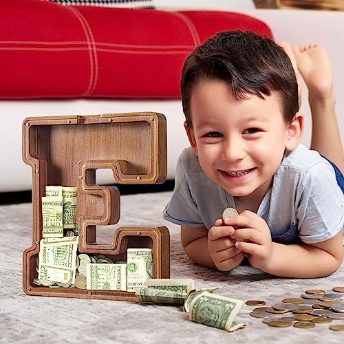Summidate Large Wooden Piggy Bank for Kids Adults, Alphabets Letter A-Z Piggy Bank for Boys Girls, Coins Bills Change Bank Box Personalized Initial Name Kids Money Bank for Birthday Present and Decor