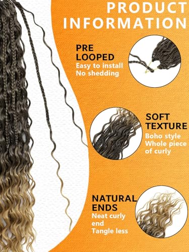 Goddess Box Braids Crochet Hair for Women 24 Inch 8 Packs Boho Crochet Box Braids with Curly Ends Bohemian Pre-looped Box Braids Crochet Braiding Hair Extensions(24inch,1B/27)
