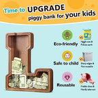 Summidate Customized Name Extra Large Wooden Piggy Bank for Kids Boys Girls Alphabets Letter A-Z Coins Bills Money Change Saving Box Clear Cover (Laser Engraved) Educational Toys 12"- Letter L