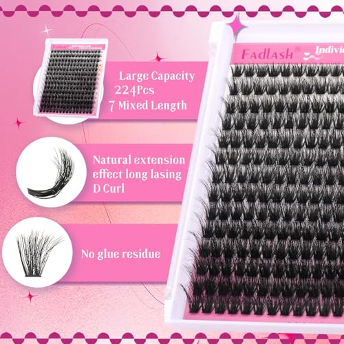 FADLASH Lash Extension Kit 100D Lash Clusters D Curl Lash Cluster Kit DIY Eyelash Extension Kit with Lash Bond and Seal Lash Applicator Tool 3D Effect fluffy Cluster Lashes(100D Kit, Mix 8-16mm)