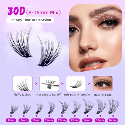 Lash Clusters 280pcs Individual Lashes Cluster Natural DIY Eyelash Extension Lash Clusters 30D 8-16mm Mix D Curl Eyelash Clusters Extensions for Self (30D-0.07D-8-16Mix)