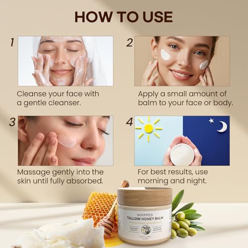 Beef Tallow for Skin with Honey Organic: 100% Grass-Fed Whipped Beef Tallow Balm for Deep Hydration, Skin Barrier Repair, Soothing - Tallow Moisturizer for Face & Body for Women, Men & Kids (2.1 oz)