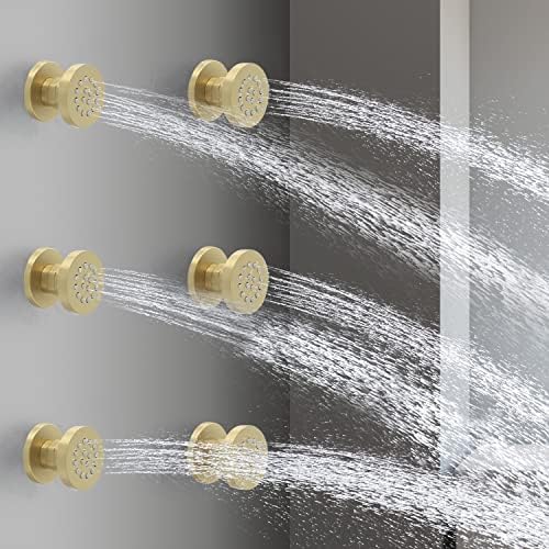 Brass Round Shower Body Spray Jets 6 Pack, HOMEDEC Spa Massage Nozzle 2inch Rain Showerhead Wall Mount Rainfall Shower Head Sprayer, Brushed Gold