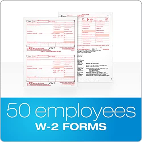 ADAMS W2 Forms 2022, 6 Part W2 Forms, Laser/Inkjet Tax Form Sets for 50 Employees, Includes 3 W3 Forms (TXA22991-22)