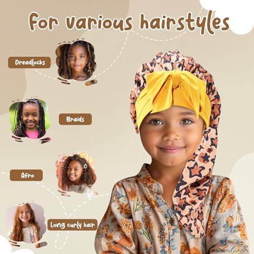 Lolalet Kids Bonnets for Girls, Long Silk Bonnet for Sleeping Kids Satin Bonnet Cap with Tie Band for Dreadlocks Braid Afro Curly Hair -2 PCS, Star & Gold
