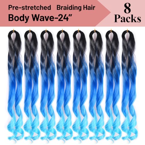 French Curl Braids Hair 8 Packs 24 Inch Ombre blue Pre Stretched Bouncy Braiding Hair French Curls Synthetic Hair Extensions for Boho Box Braids (24inch,8 Packs,Black/Royal Blue/Sky Blue)