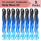 French Curl Braids Hair 8 Packs 24 Inch Ombre blue Pre Stretched Bouncy Braiding Hair French Curls Synthetic Hair Extensions for Boho Box Braids (24inch,8 Packs,Black/Royal Blue/Sky Blue)