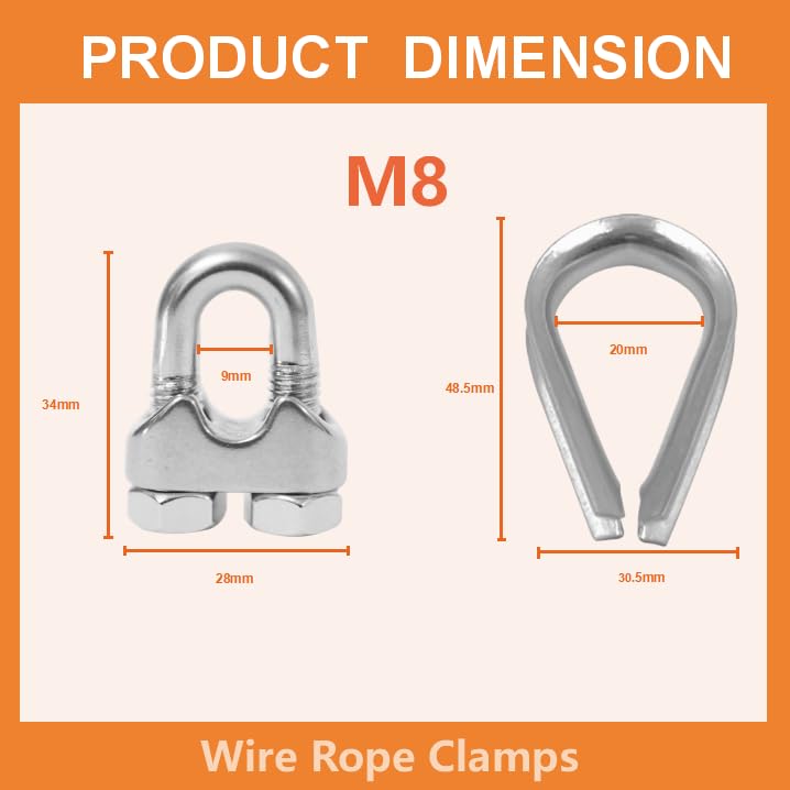 Lyrlidr 8 Pcs M8 Cable Clamps,Wire Rope Clamp,4 Pcs 5/16" Thimble
