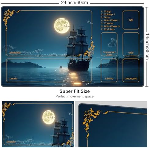 DEGDFSGR for MTG Playmat with Zones 24 x 14 inches for TCG Playmats Non-Slip Rubber Base Commander Play Mat for Card Play mat Iorcana Trading Card Game, Moon Ship Blue Sea