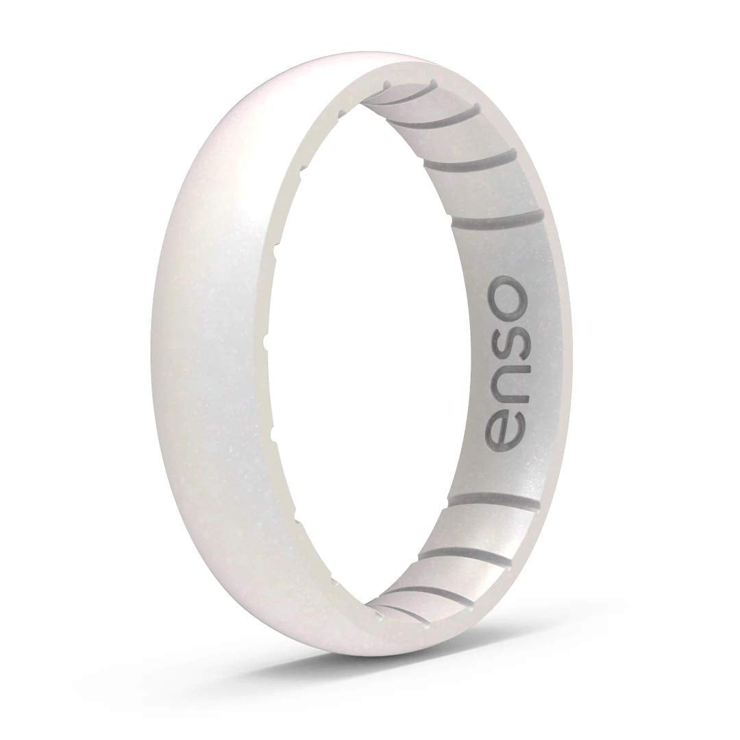 Enso Rings Thin Birthstone Silicone Ring – Unisex Wedding Engagement Band – Comfortable Breathable Design - 4.3mm Wide, 1.75mm Thick (Opal, 7)